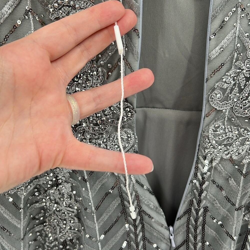 Mac Duggal 20189 Silver Embellished Illusion Long Sleeve Wrap Over A Line Gown - Picture 11 of 14